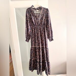 Max Studio Navy Floral V-Neck Tiered Maxi Dress